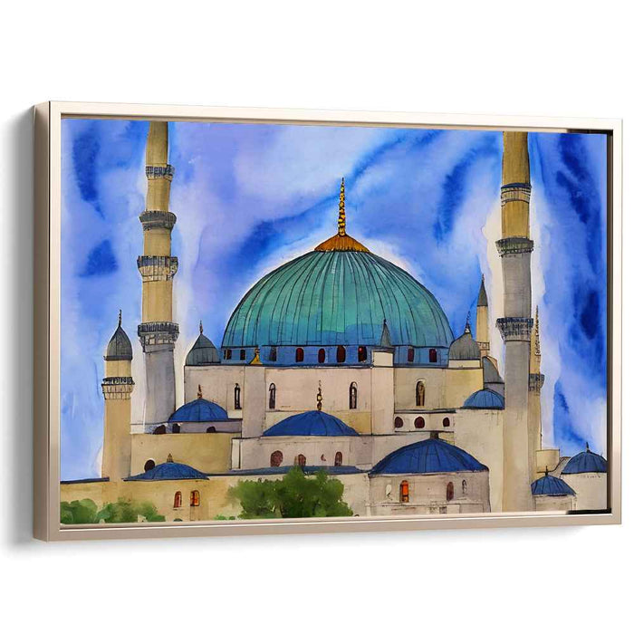 Azure Serenity on Canvas: Turquoise Domed Mosque Watercolor Canvas Art