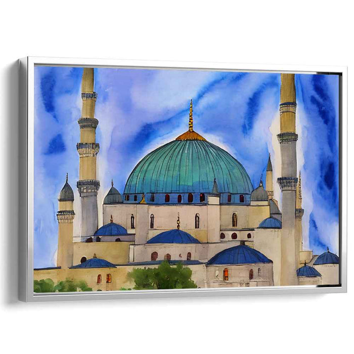 Azure Serenity on Canvas: Turquoise Domed Mosque Watercolor Canvas Art