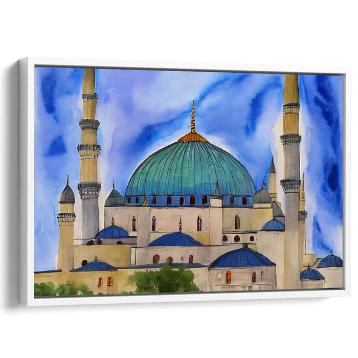 Azure Serenity on Canvas: Turquoise Domed Mosque Watercolor Canvas Art