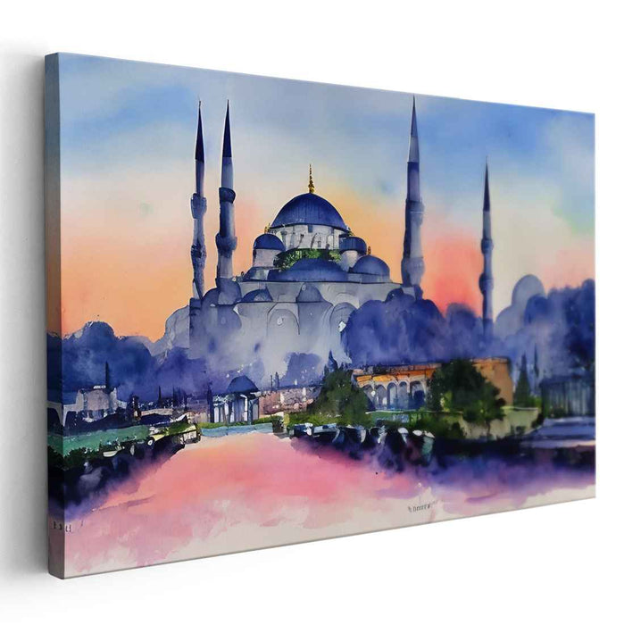 Mosque in Pastels: Watercolor Mosque Landscape Canvas Art Print