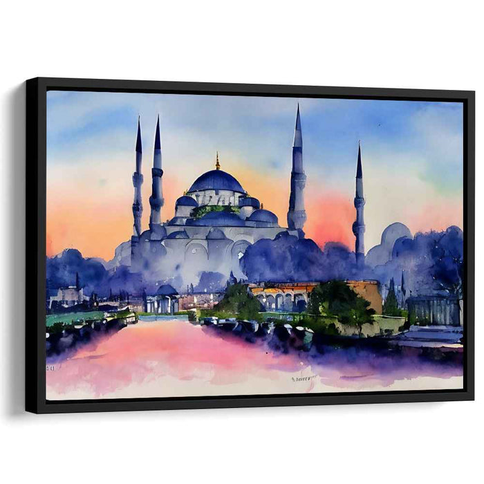 Mosque in Pastels: Watercolor Mosque Landscape Canvas Art Print