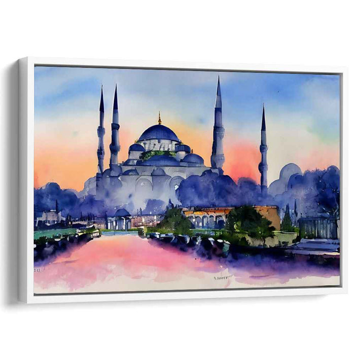 Mosque in Pastels: Watercolor Mosque Landscape Canvas Art Print