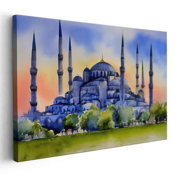 Azure Symphony Mosque Sunset: Watercolor of Istanbul's Blue Mosque at Sunset