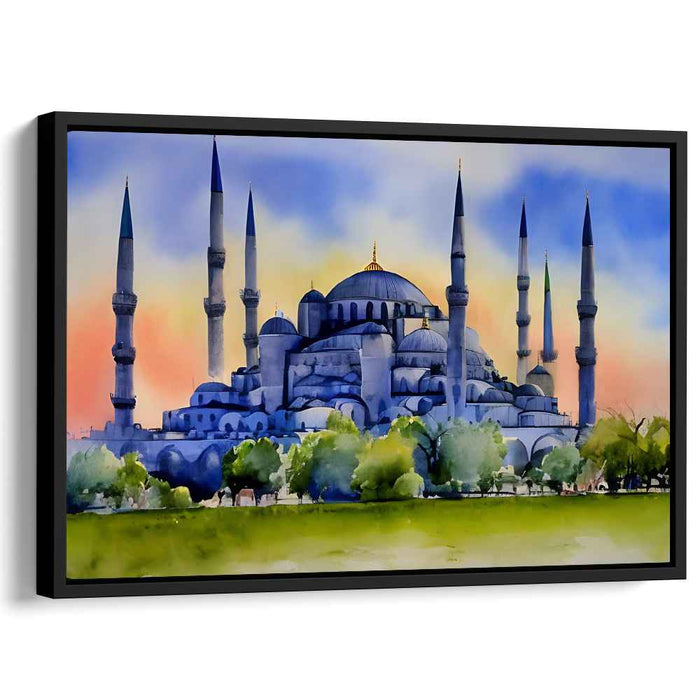 Azure Symphony Mosque Sunset: Watercolor of Istanbul's Blue Mosque at Sunset