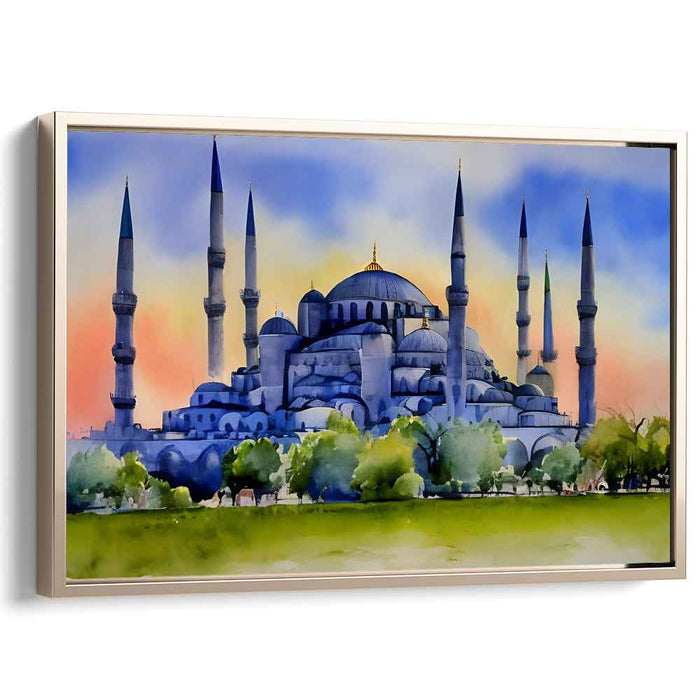 Azure Symphony Mosque Sunset: Watercolor of Istanbul's Blue Mosque at Sunset