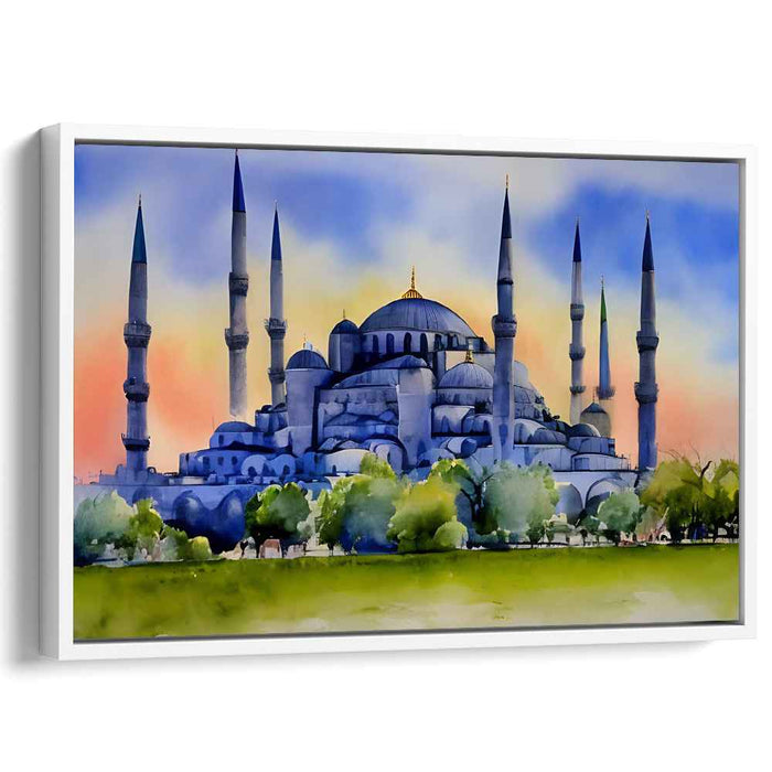 Azure Symphony Mosque Sunset: Watercolor of Istanbul's Blue Mosque at Sunset