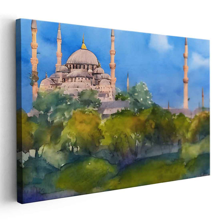 Outer Glow of Sultan's Sanctuary: Watercolor Landscape of the Blue Mosque
