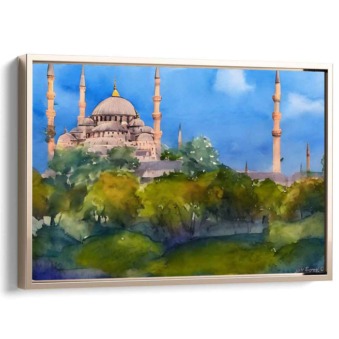 Outer Glow of Sultan's Sanctuary: Watercolor Landscape of the Blue Mosque