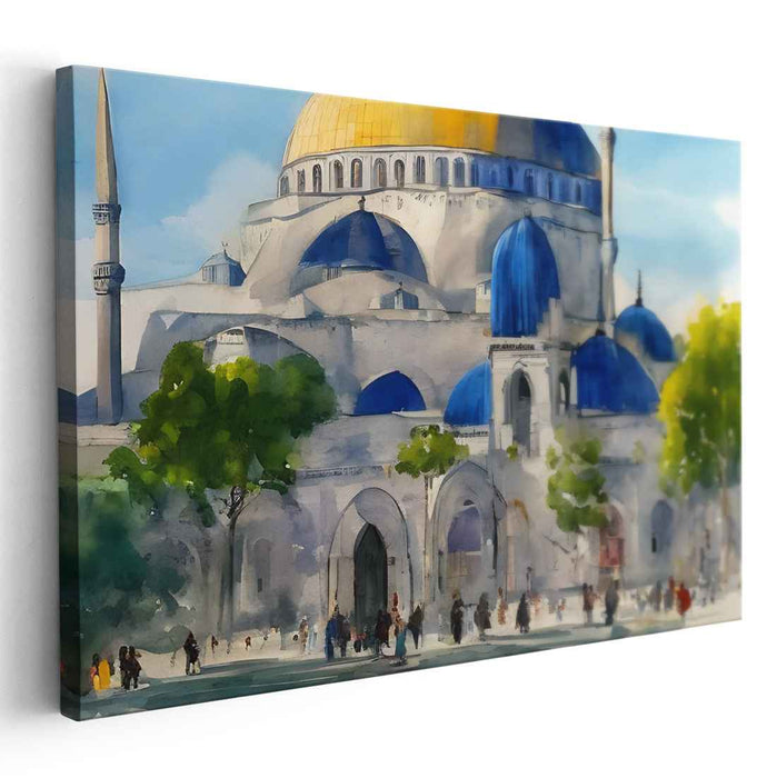 Ethereal Glimmering Architectural Mirage: Watercolor Splendor of Blue and Gold Domes