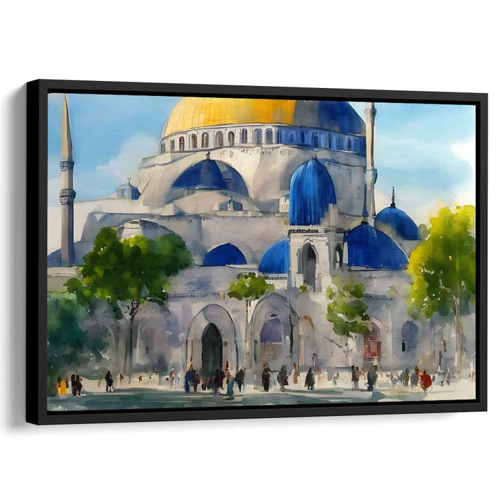 Ethereal Glimmering Architectural Mirage: Watercolor Splendor of Blue and Gold Domes