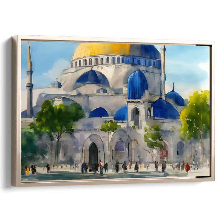 Ethereal Glimmering Architectural Mirage: Watercolor Splendor of Blue and Gold Domes