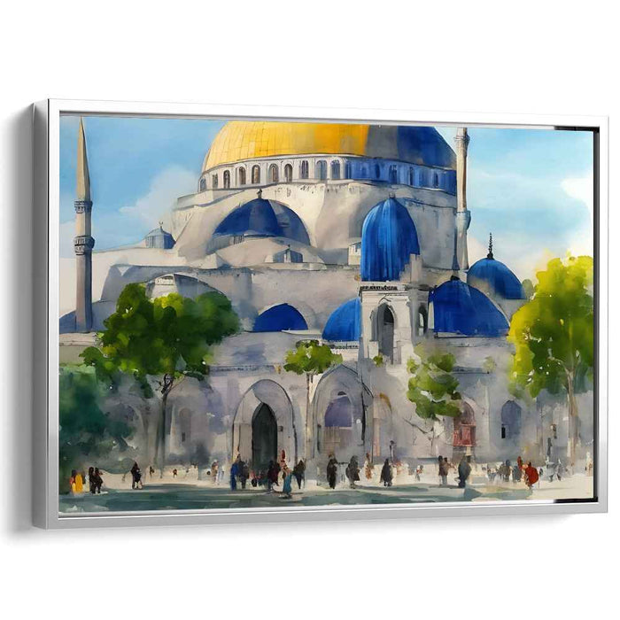 Ethereal Glimmering Architectural Mirage: Watercolor Splendor of Blue and Gold Domes