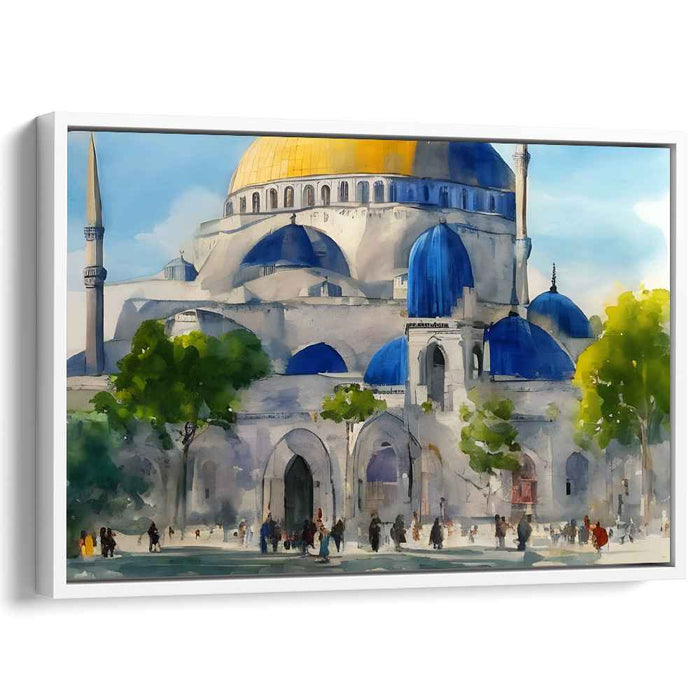 Ethereal Glimmering Architectural Mirage: Watercolor Splendor of Blue and Gold Domes