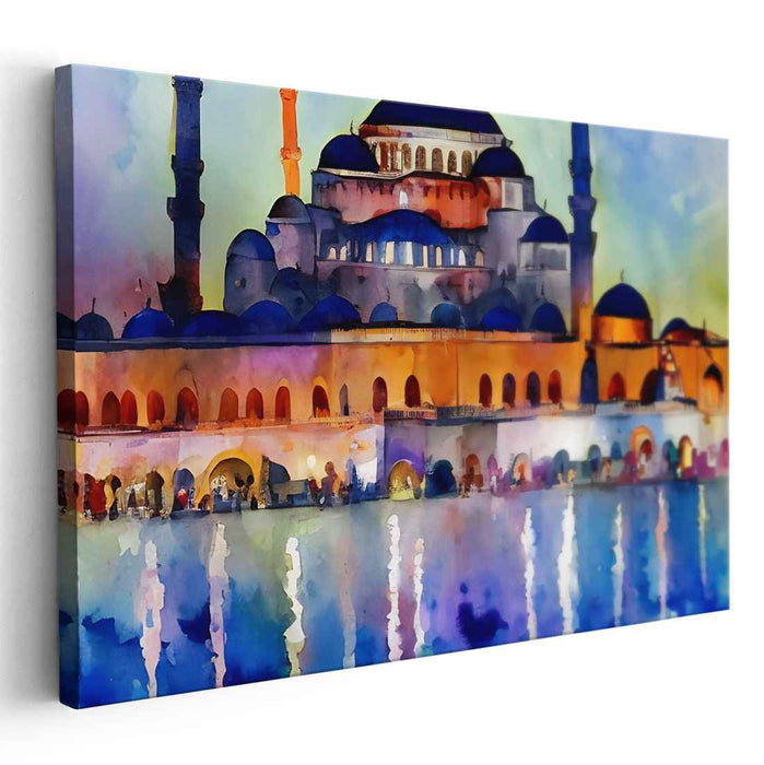 Twilight Prayer Retreat: Watercolor Mosque Evening Scene Canvas Art Print