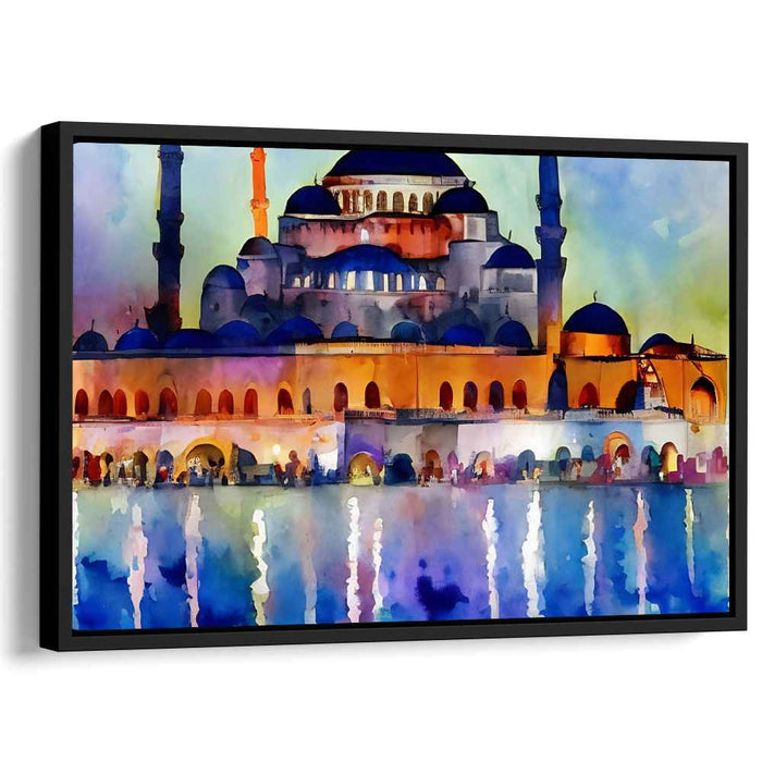 Twilight Prayer Retreat: Watercolor Mosque Evening Scene Canvas Art Print