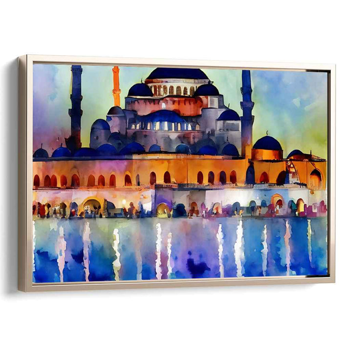 Twilight Prayer Retreat: Watercolor Mosque Evening Scene Canvas Art Print