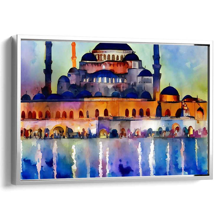 Twilight Prayer Retreat: Watercolor Mosque Evening Scene Canvas Art Print