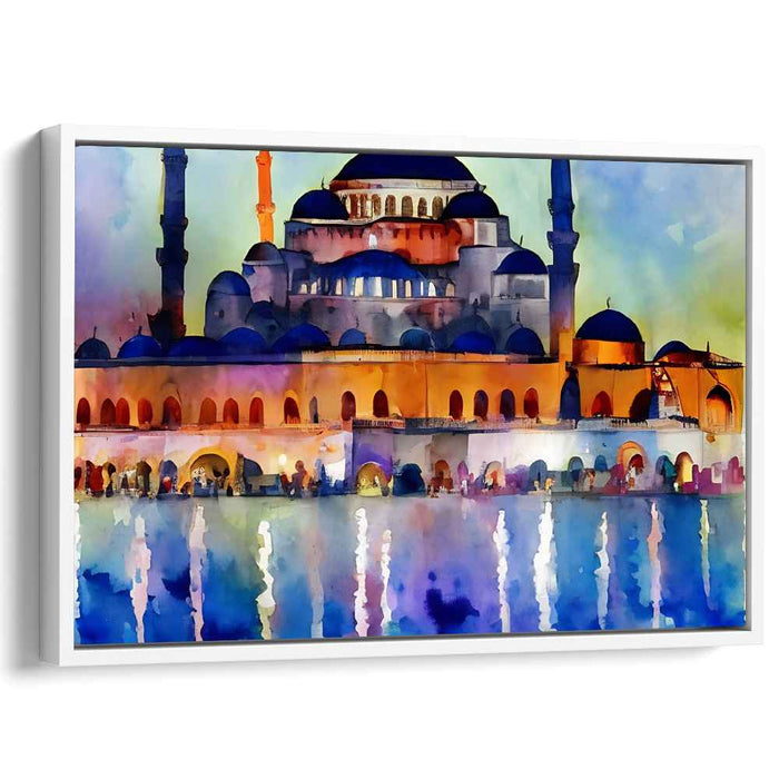 Twilight Prayer Retreat: Watercolor Mosque Evening Scene Canvas Art Print