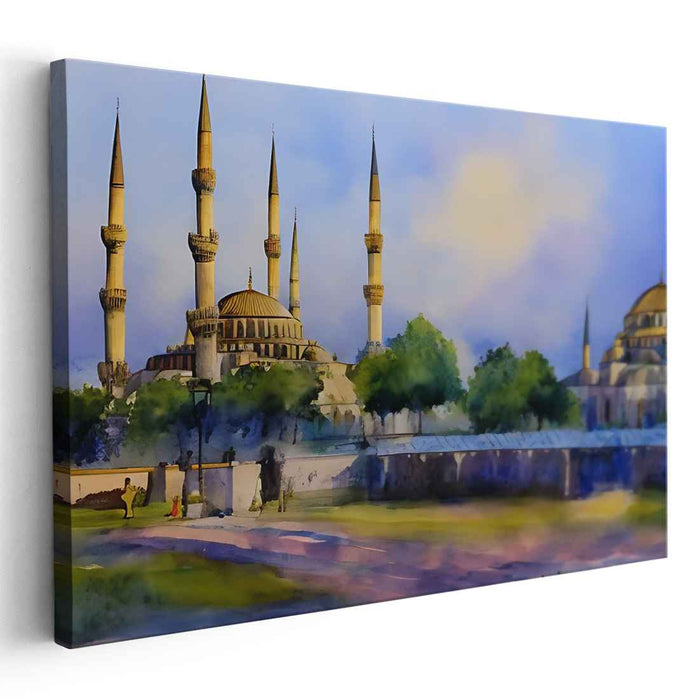 Serene Dusk at Istanbul's Blue Mosque: Watercolor Landscape Canvas Art