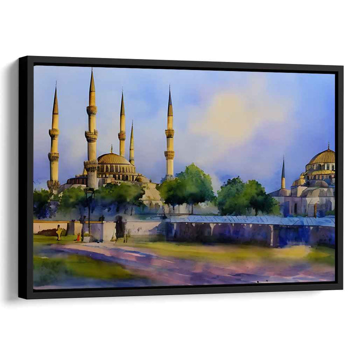 Serene Dusk at Istanbul's Blue Mosque: Watercolor Landscape Canvas Art