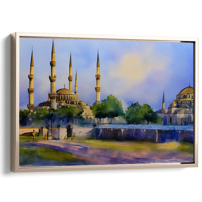 Serene Dusk at Istanbul's Blue Mosque: Watercolor Landscape Canvas Art