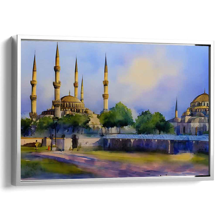 Serene Dusk at Istanbul's Blue Mosque: Watercolor Landscape Canvas Art