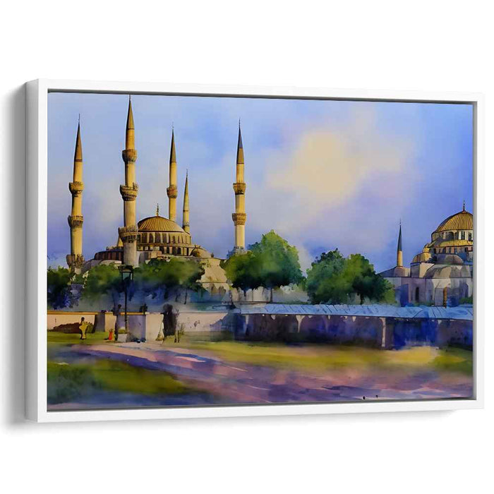 Serene Dusk at Istanbul's Blue Mosque: Watercolor Landscape Canvas Art