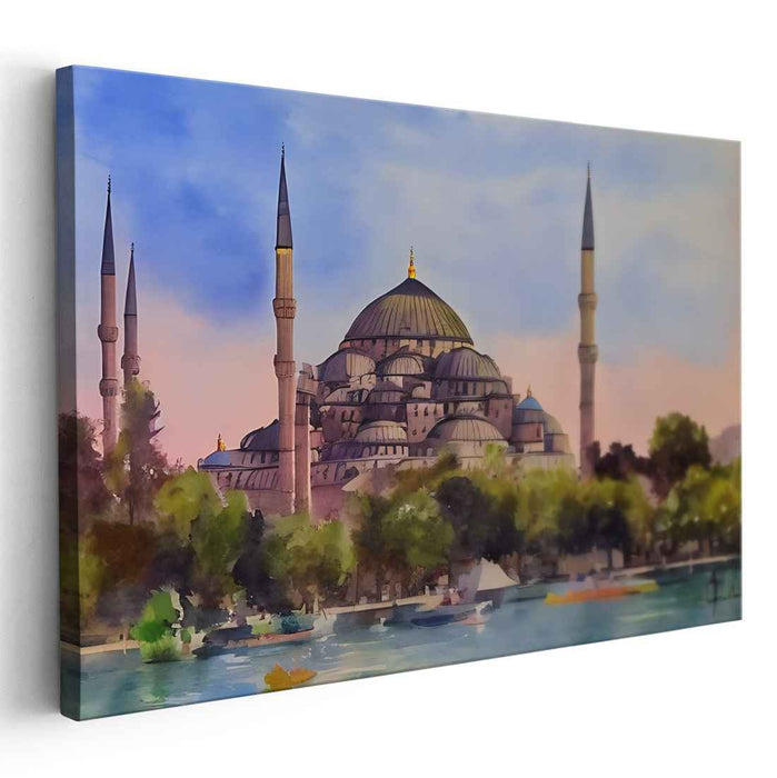 Architectural Elegance Mirage: Historic Mosque Watercolor Landscape
