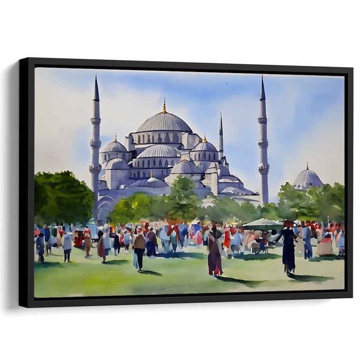 Vibrant Day at the Blue Mosque: Watercolor Mastery on Canvas