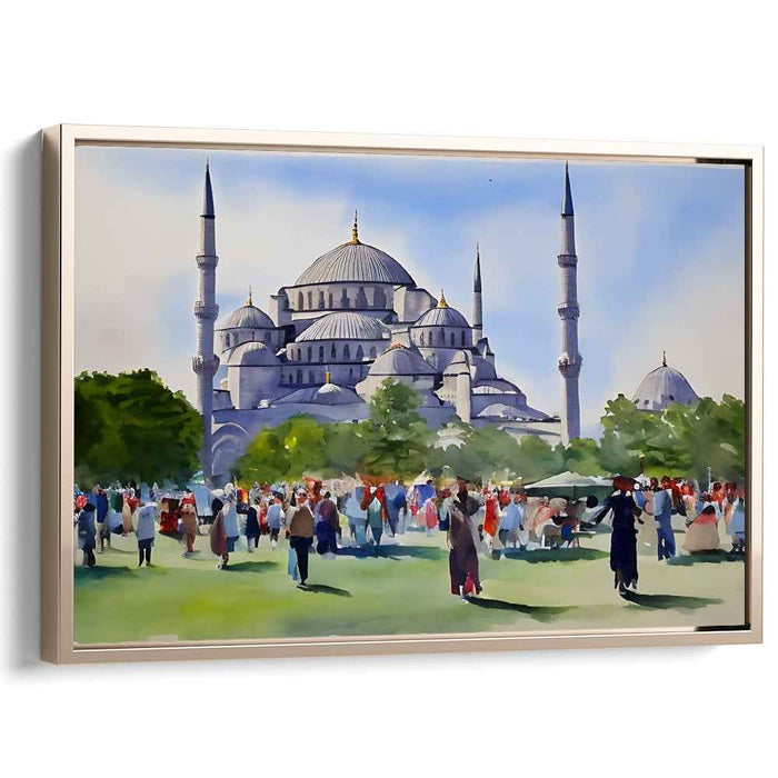 Vibrant Day at the Blue Mosque: Watercolor Mastery on Canvas