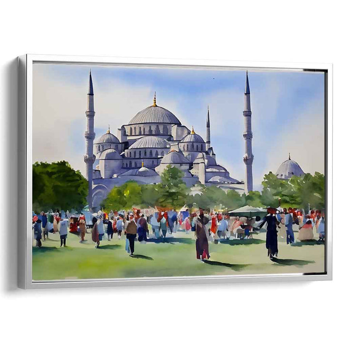 Vibrant Day at the Blue Mosque: Watercolor Mastery on Canvas