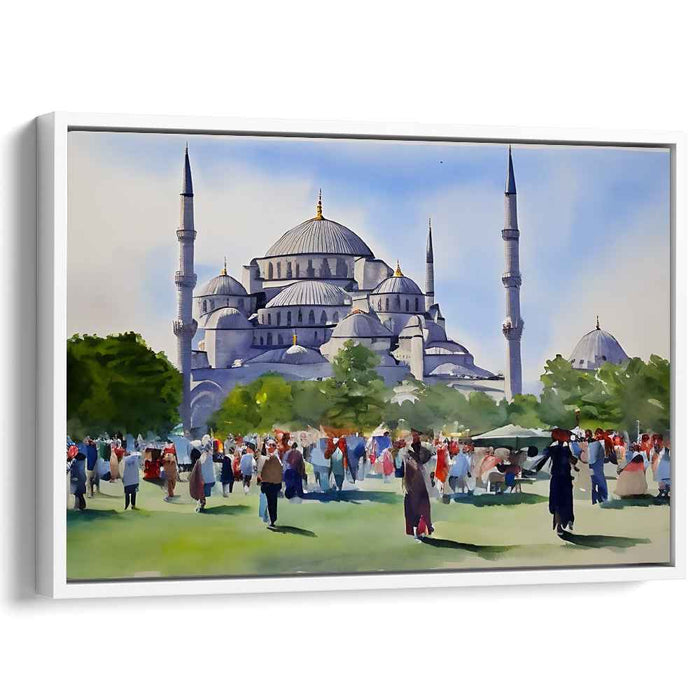Vibrant Day at the Blue Mosque: Watercolor Mastery on Canvas