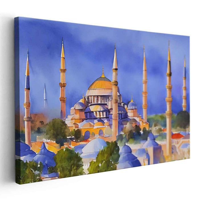 Ethereal Echoes Amidst Shadows: Majestic Hagia Sophia Watercolor Panorama