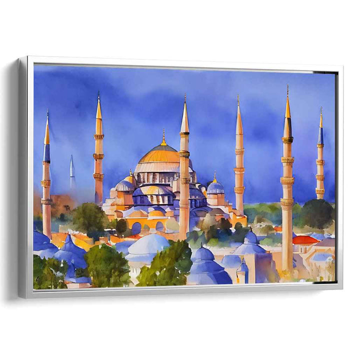 Ethereal Echoes Amidst Shadows: Majestic Hagia Sophia Watercolor Panorama