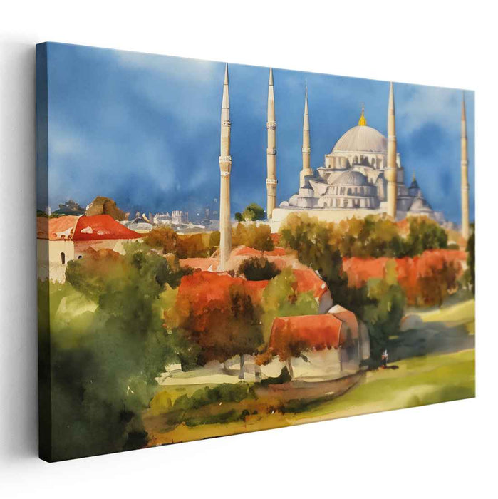 Autumn Splendor at Sultan Ahmed: Majestic Mosque Watercolor Landscape