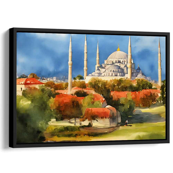 Autumn Splendor at Sultan Ahmed: Majestic Mosque Watercolor Landscape