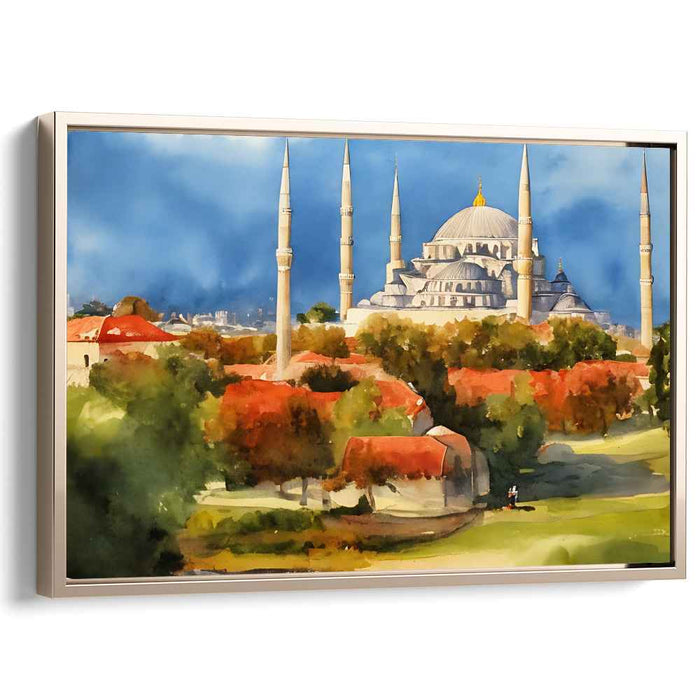 Autumn Splendor at Sultan Ahmed: Majestic Mosque Watercolor Landscape