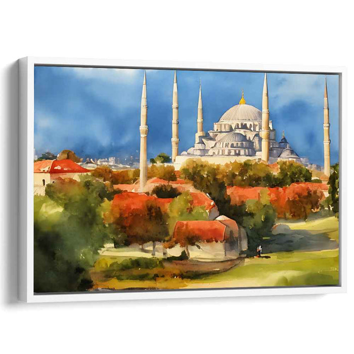 Autumn Splendor at Sultan Ahmed: Majestic Mosque Watercolor Landscape