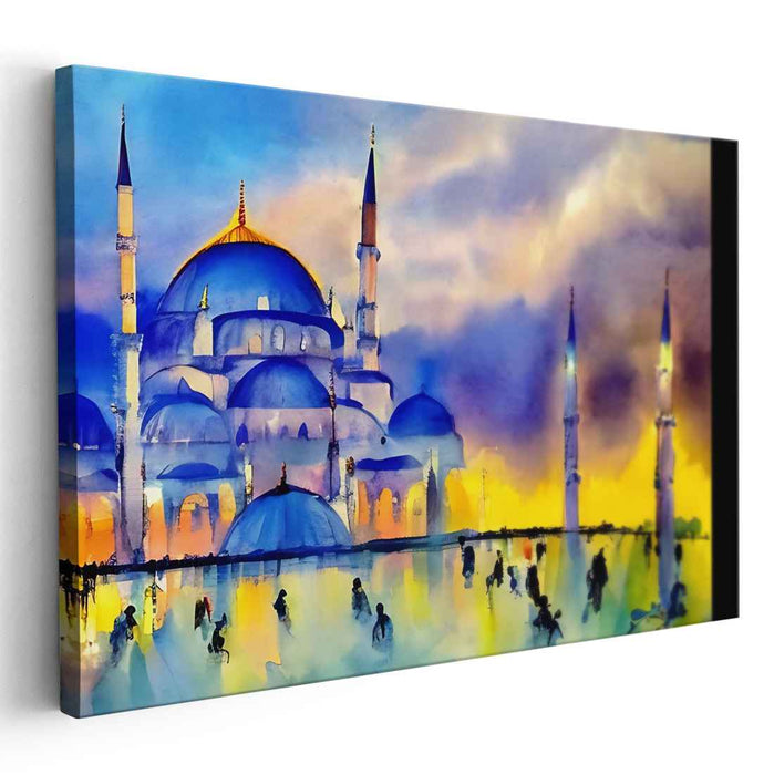 Whispers Of Dawn Over Minarets: Watercolor Silhouette of Istanbulâ€™s Blue Mosque at Sunrise