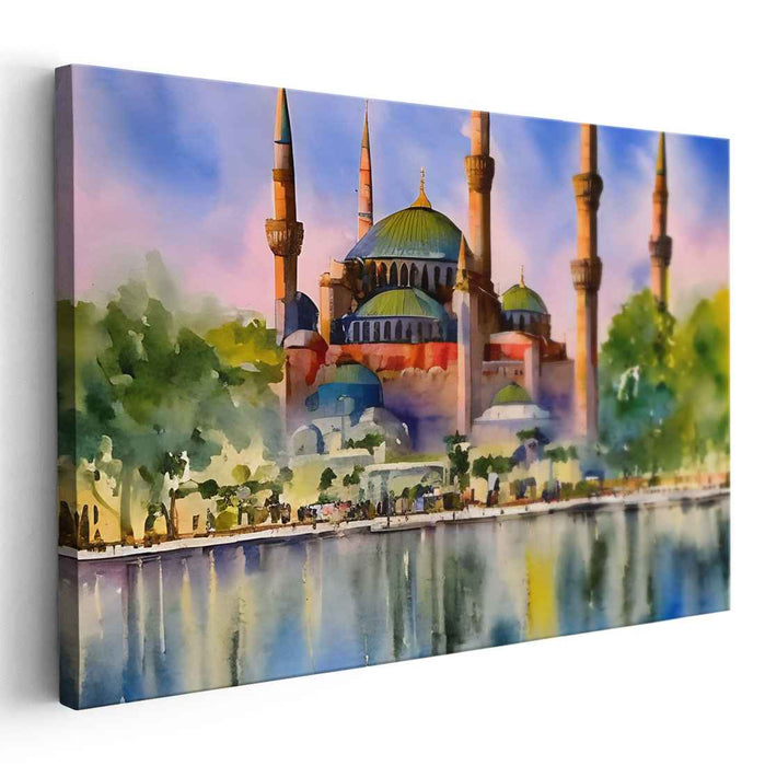 Iridescent Mosque Waves: Watercolor Depiction of the Blue Mosque
