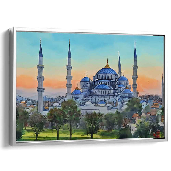 Aqua Architectural Impression: Watercolor Blue Mosque Canvas Art Print