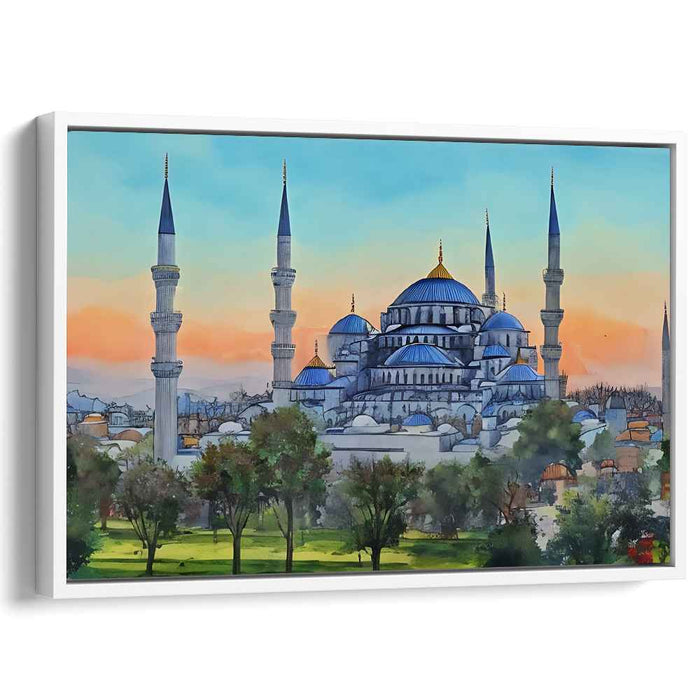 Aqua Architectural Impression: Watercolor Blue Mosque Canvas Art Print