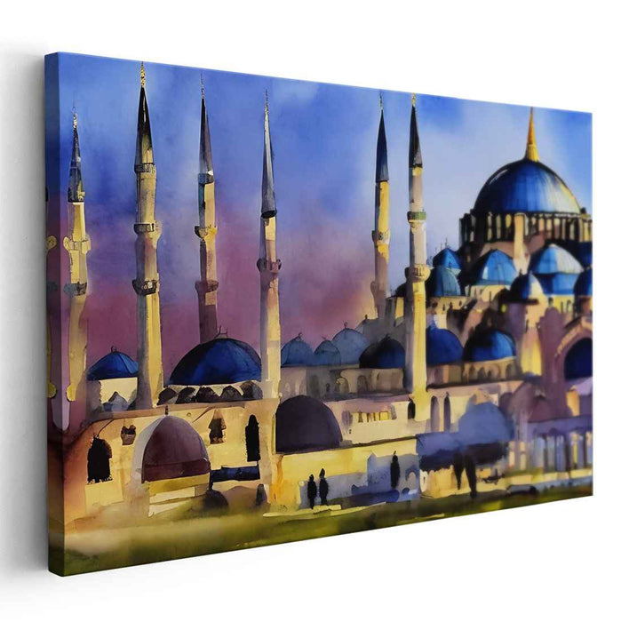 Majestic Mosque at Dusk: Impressionist Watercolor Canvas Art Print
