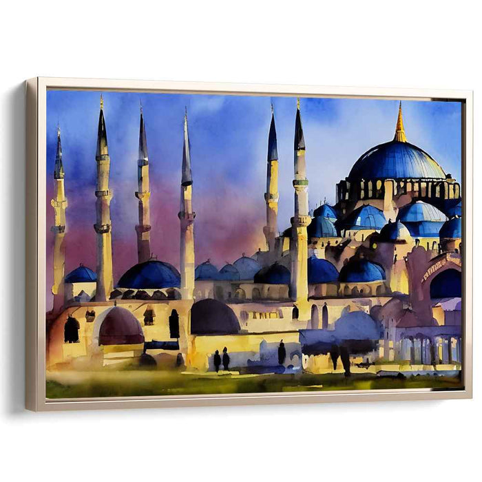 Majestic Mosque at Dusk: Impressionist Watercolor Canvas Art Print