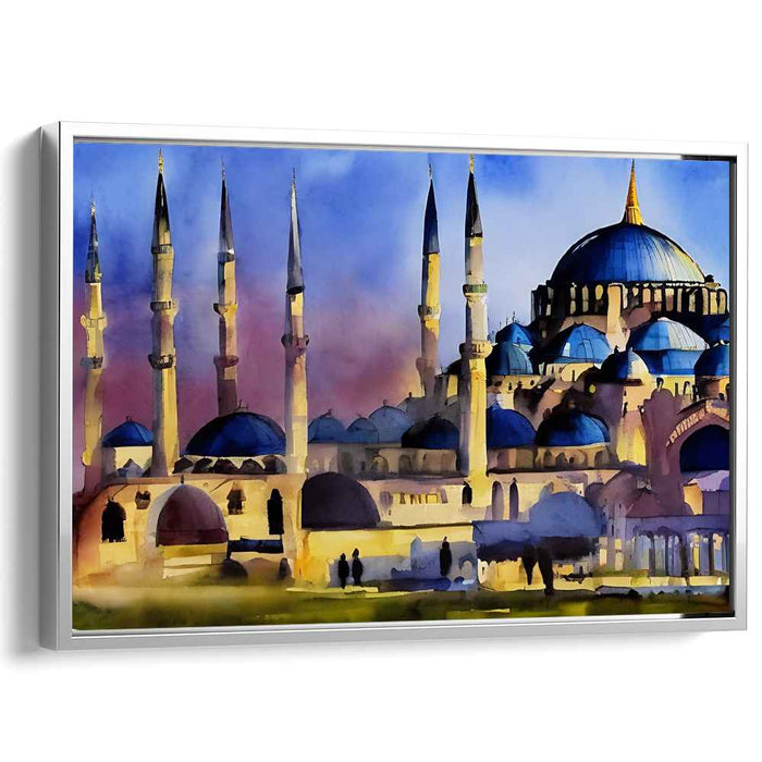 Majestic Mosque at Dusk: Impressionist Watercolor Canvas Art Print
