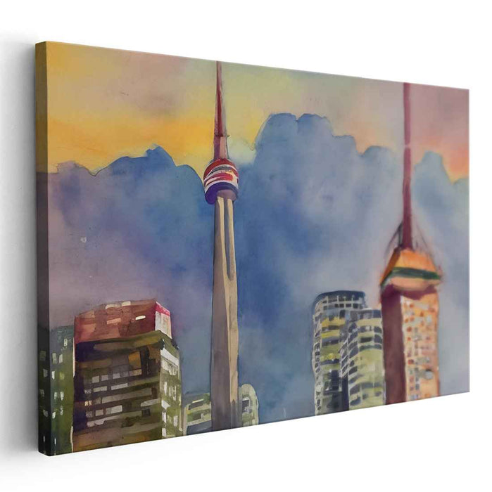 Iconic Silhouette Symphony: Vibrant Watercolor Skyline with Iconic Tower