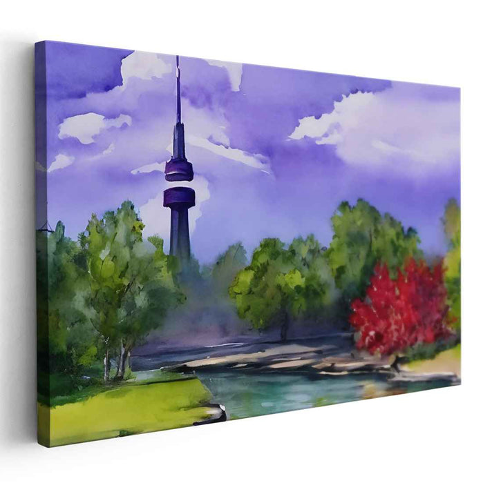 Sentinels of Verdant Realm: Watercolor Landscape with Tower and Lush Foliage