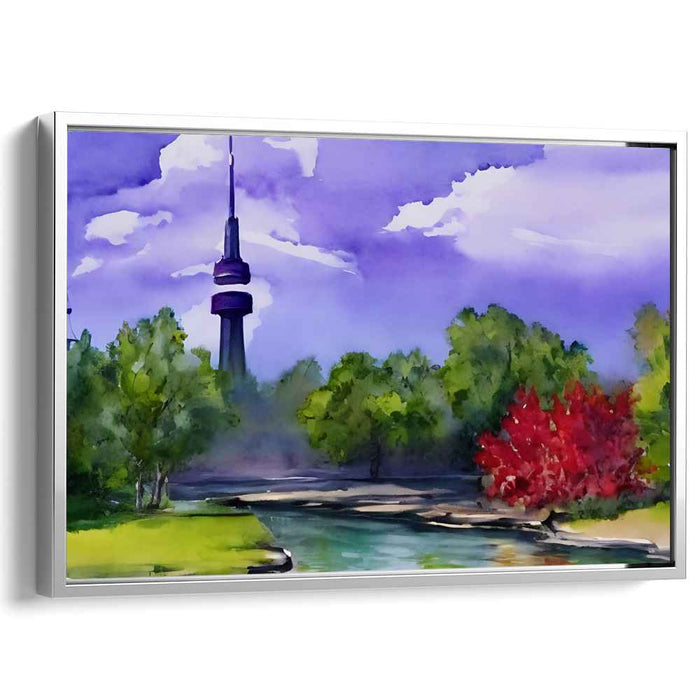 Sentinels of Verdant Realm: Watercolor Landscape with Tower and Lush Foliage