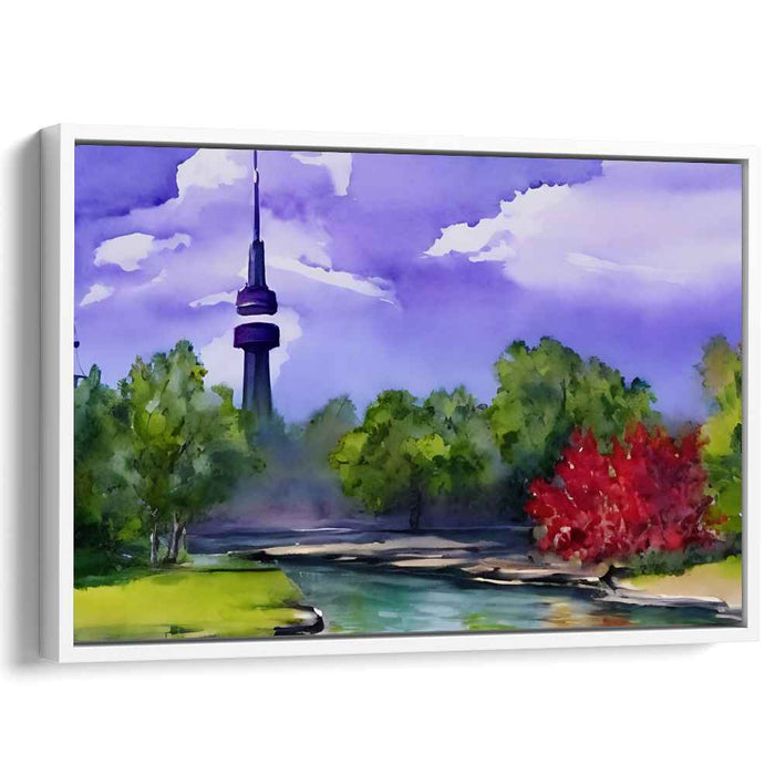 Sentinels of Verdant Realm: Watercolor Landscape with Tower and Lush Foliage