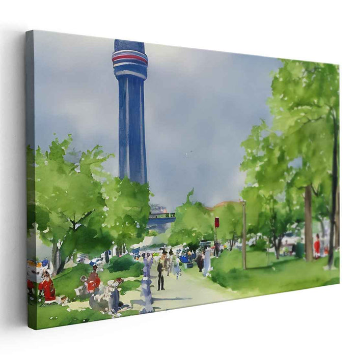 Tranquil Urban Park: Watercolor Serenity with Tower View